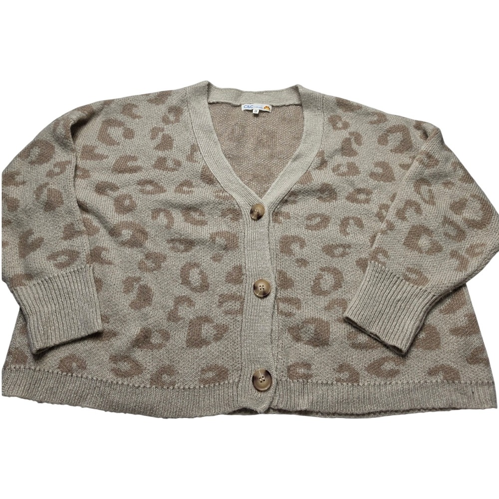 C&C California Womens 1X Leopard Print Cardigan Sweater Tan Beige V-Neck